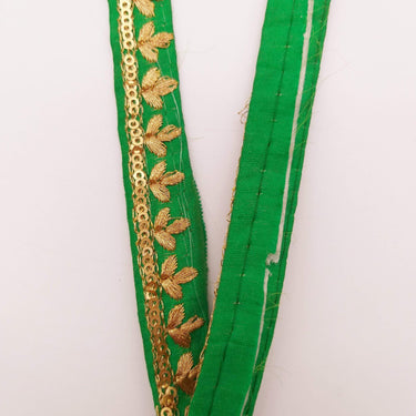 Green Art Silk Trim with Gold Floral Embroidery and Gold Sequins Indian Sari Border Trim By 3 Yards Decorative Trim Craft Lace